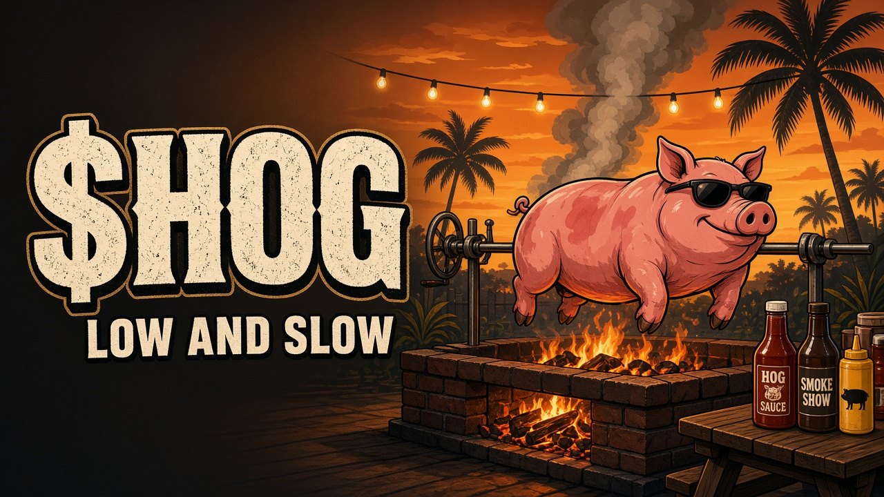 $HOG: a smug hog in sunglasses turning on a spit at a Florida backyard roast